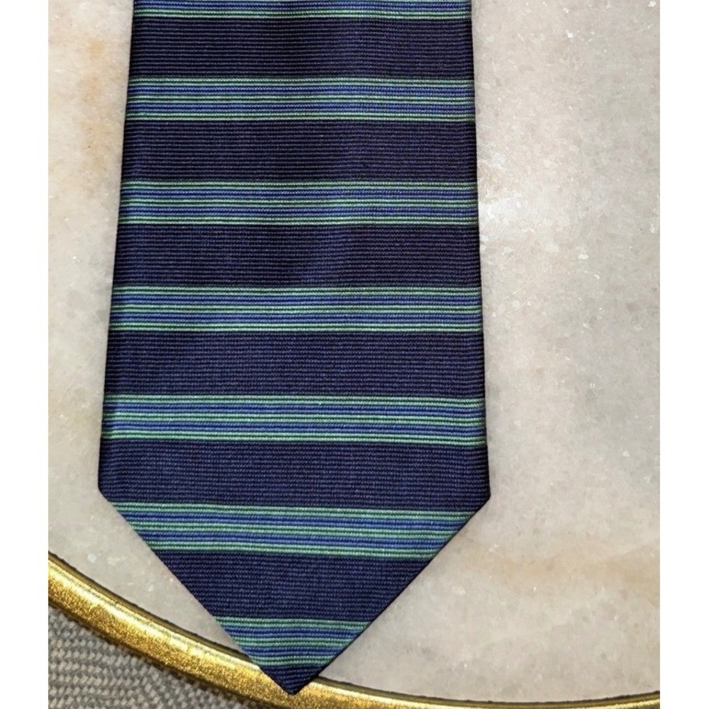 Brooks Brothers Makers Navy Green Striped Silk Necktie Hand Made in‎ USA